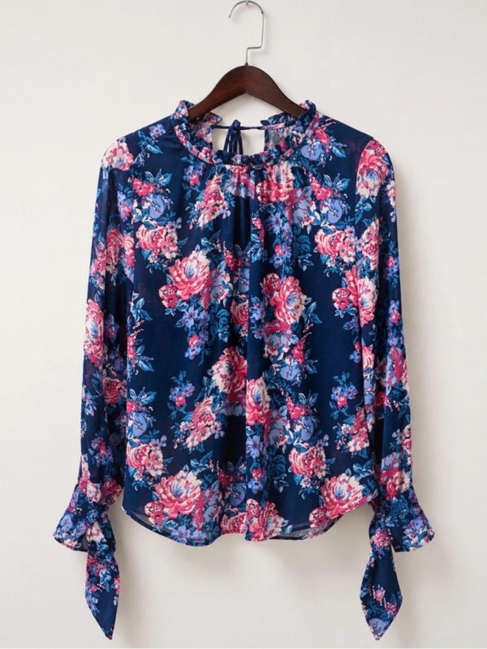 Floral Tie-Neck Long Sleeve Blouse - Navy Pink